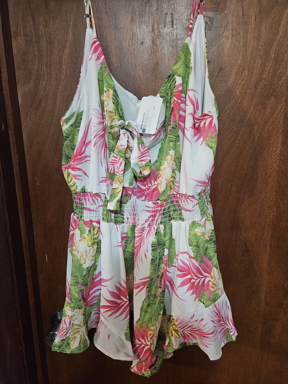 Caramel White Tropical Print One-Piece Romper with Pink & Green Leaves
